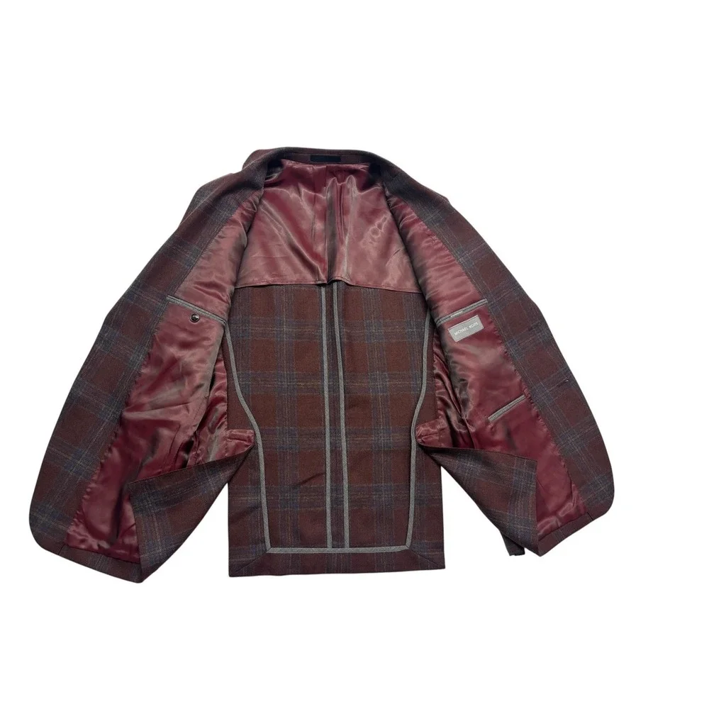 Michael Kors 38R Burgundy Gray Plaid Blazer Jacket Flannel Wool Sport Suit Coat